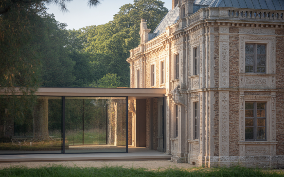 Maison élégante avec détails architecturaux, structure contemporaine en verre, entourée de verdure et d'arbres. Lumière douce du matin.
