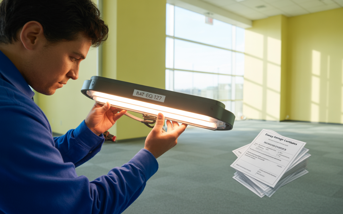 Un homme examine un luminaire suspendu, tandis qu'une pile de certificats d'économie d'énergie est visible sur le sol d'une pièce vide.