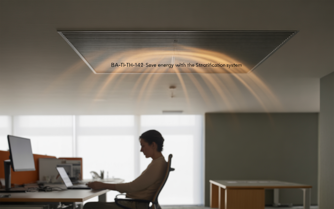 Femme assise à un bureau, utilisant un ordinateur, sous un dispositif d'éclairage mentionnant l'économie d'énergie. Ambiance de bureau moderne.