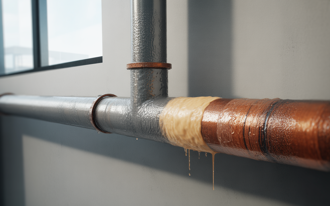 Une canalisation en métal avec une fuite d'eau jaunâtre qui s'écoule le long de la paroi d'un bâtiment.