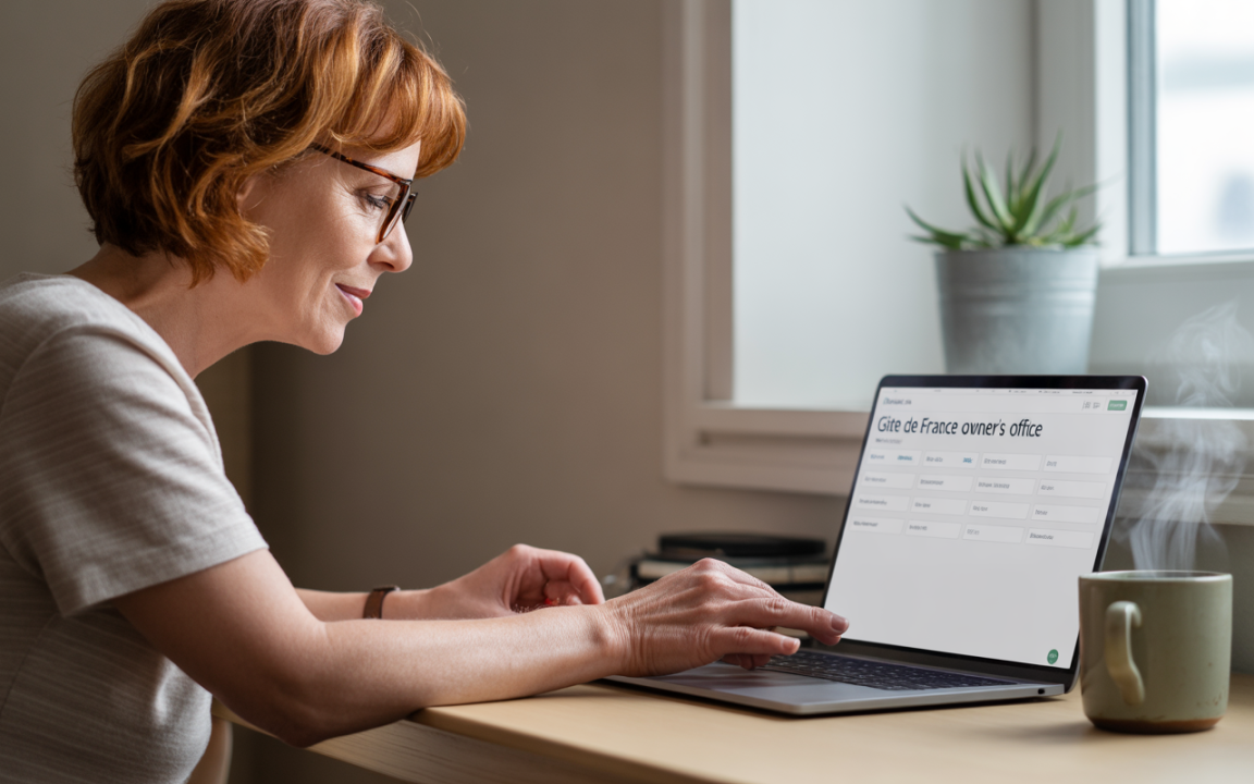 Femme souriante travaillant sur un ordinateur portable, avec un café sur une table, dans un environnement lumineux et minimaliste.