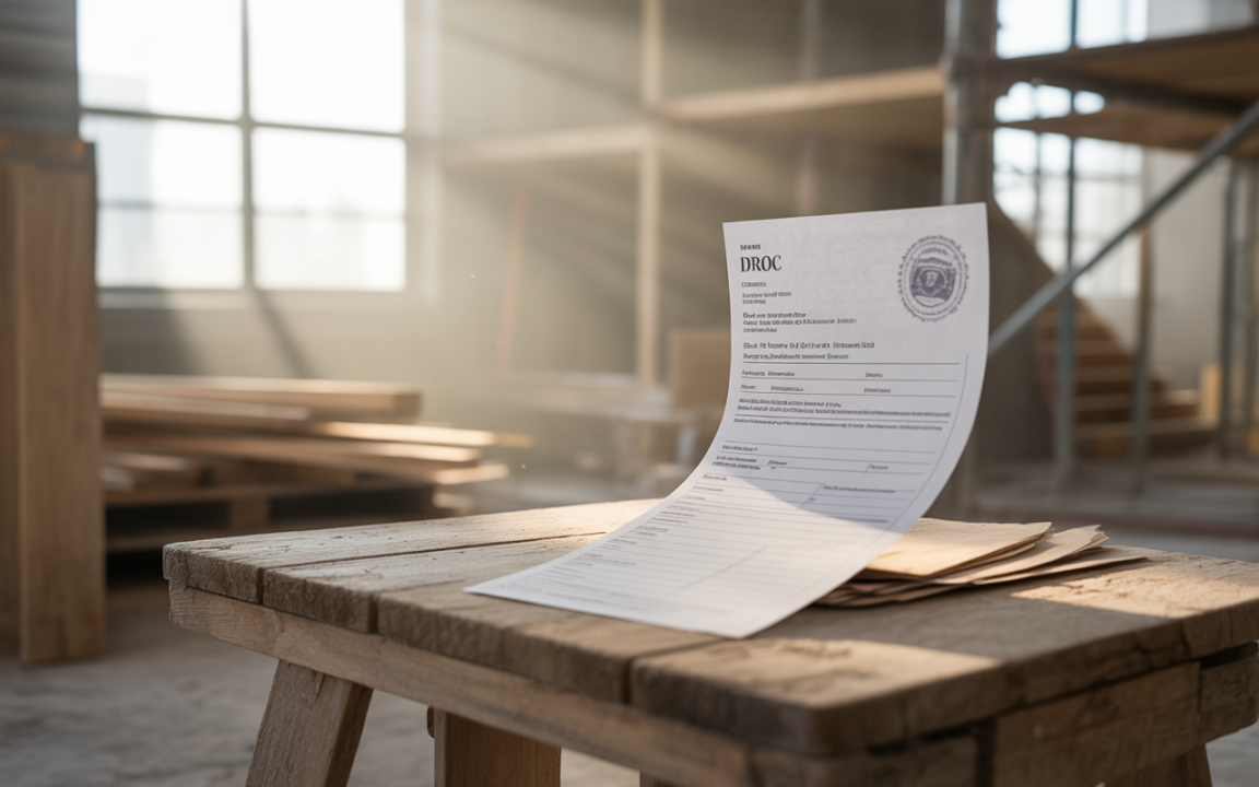 Document sur une table en bois, entouré de lumière naturelle, dans un espace de construction avec des matériaux en arrière-plan.