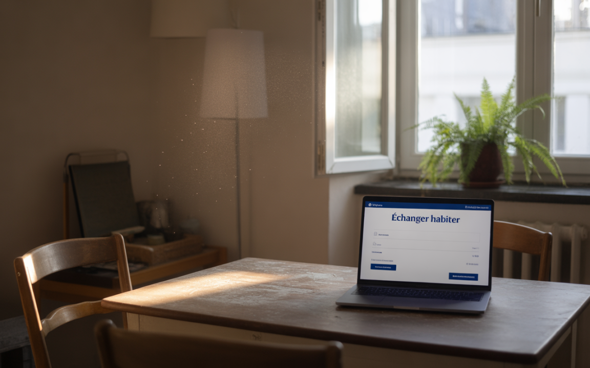 Un ordinateur portable affichant une page web sur un bureau, avec une lumière naturelle filtrant par une fenêtre ouverte. Une plante est visible à l'arrière-plan.