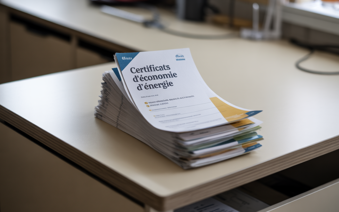 Piles de certificats d'économie d'énergie sur un bureau, avec des documents colorés visibles et un environnement de travail moderne.