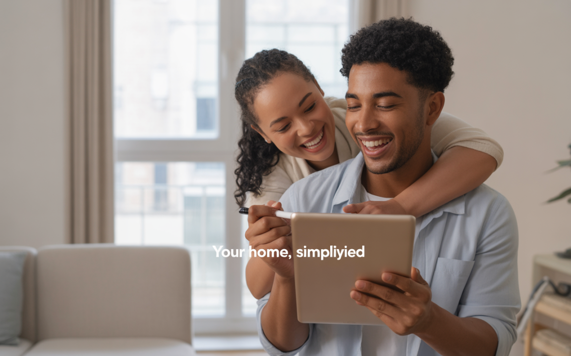 Un couple souriant utilise une tablette dans un intérieur lumineux. Texte en dessous : "Your home, simplified".