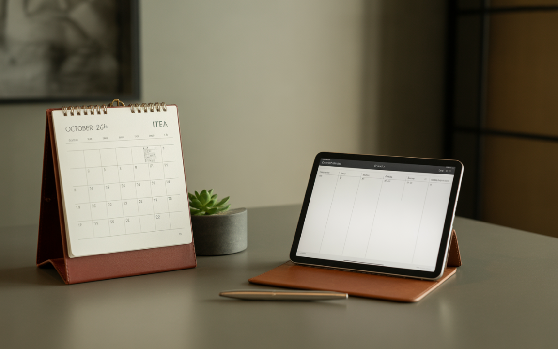 Un calendrier posé sur un bureau avec un calendrier de bureau, une tablette et une plante succulente à côté.