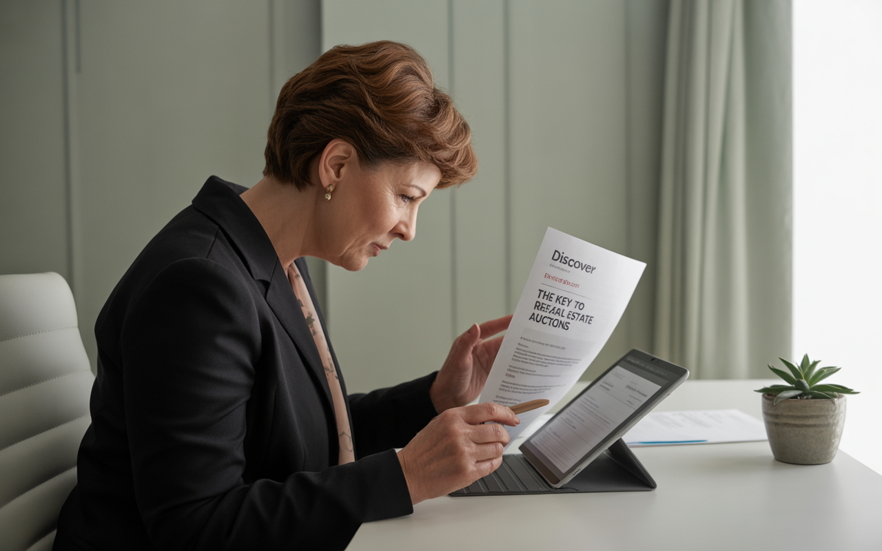 Femme d'affaires lisant un document sur les enchères immobilières, assise à un bureau avec une tablette et une plante.