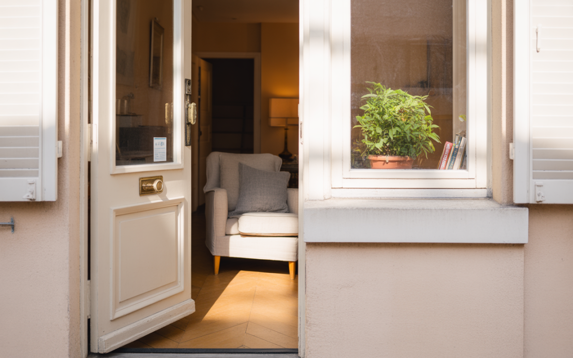 Porte d'entrée ouverte avec un fauteuil confortable à l'intérieur, plante sur la fenêtre et lumière naturelle qui entre.