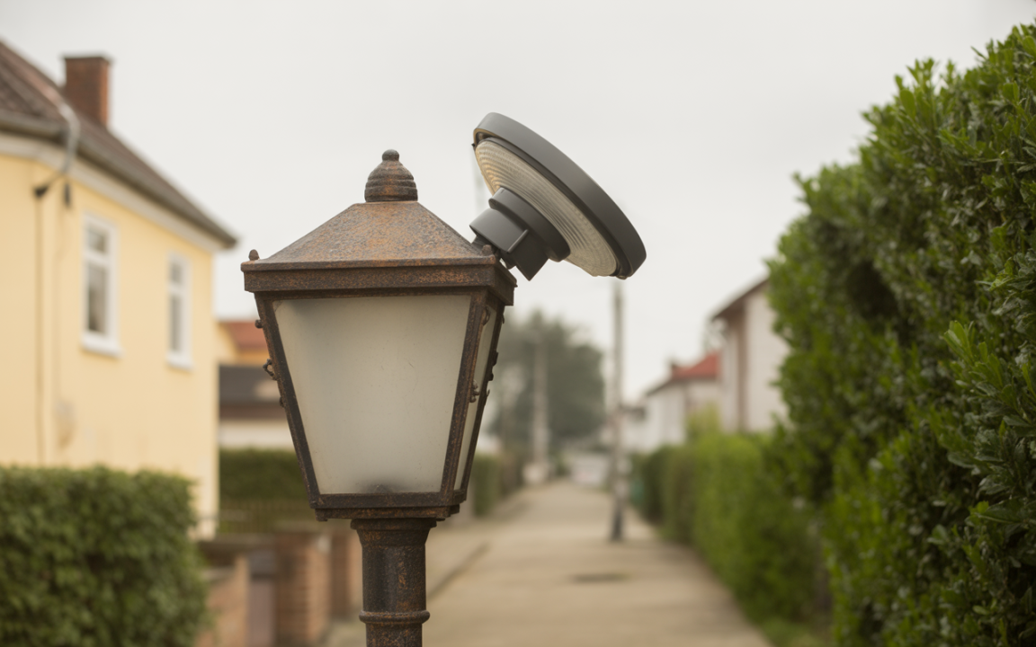 Un lampadaire rouillé avec un éclairage moderne sur une rue bordée de maisons et de haies. Ciel nuageux en arrière-plan.