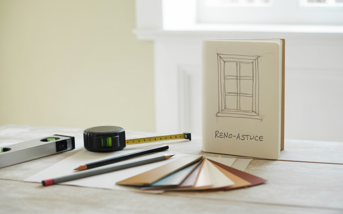 Matériel de bricolage : carnet de notes avec croquis de fenêtre, règle, niveau à bulle, crayons et échantillons de couleurs sur une table.