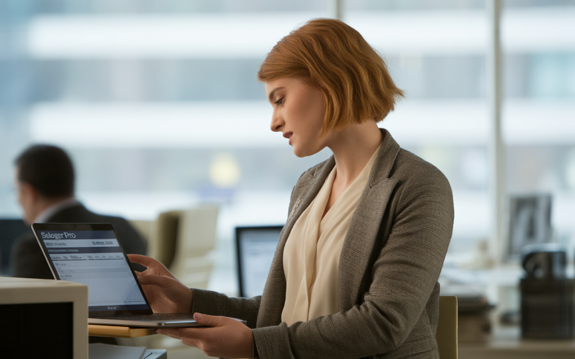 Femme aux cheveux roux courts, regardant un ordinateur portable en milieu de bureau moderne, avec des collègues en arrière-plan.