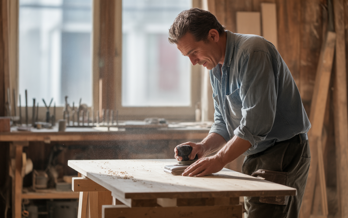 Un homme utilise une ponceuse sur une table en bois, entouré d'outils dans un atelier lumineux et chaleureux.