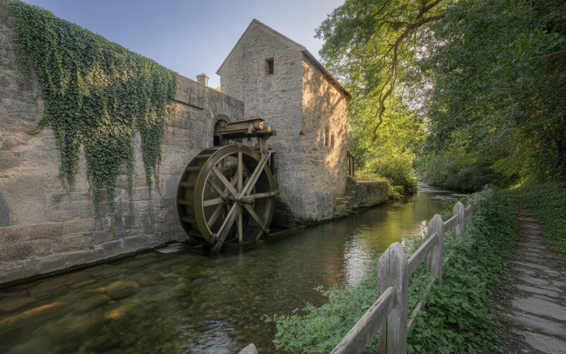 Ancienne roue à eau en bois devant un moulin, entourée de verdure et d'un cours d'eau paisible sous un ciel clair.