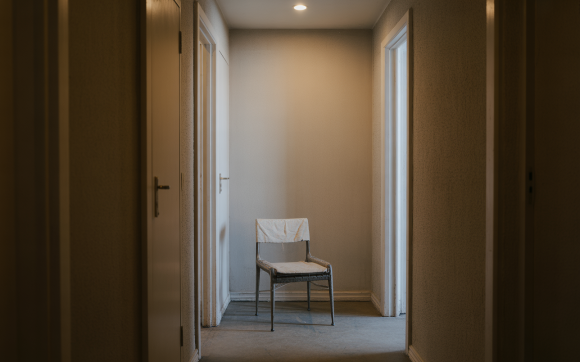 Un couloir éclairé avec une chaise en métal au centre, entourée de portes aux couleurs neutres et murs texturés.