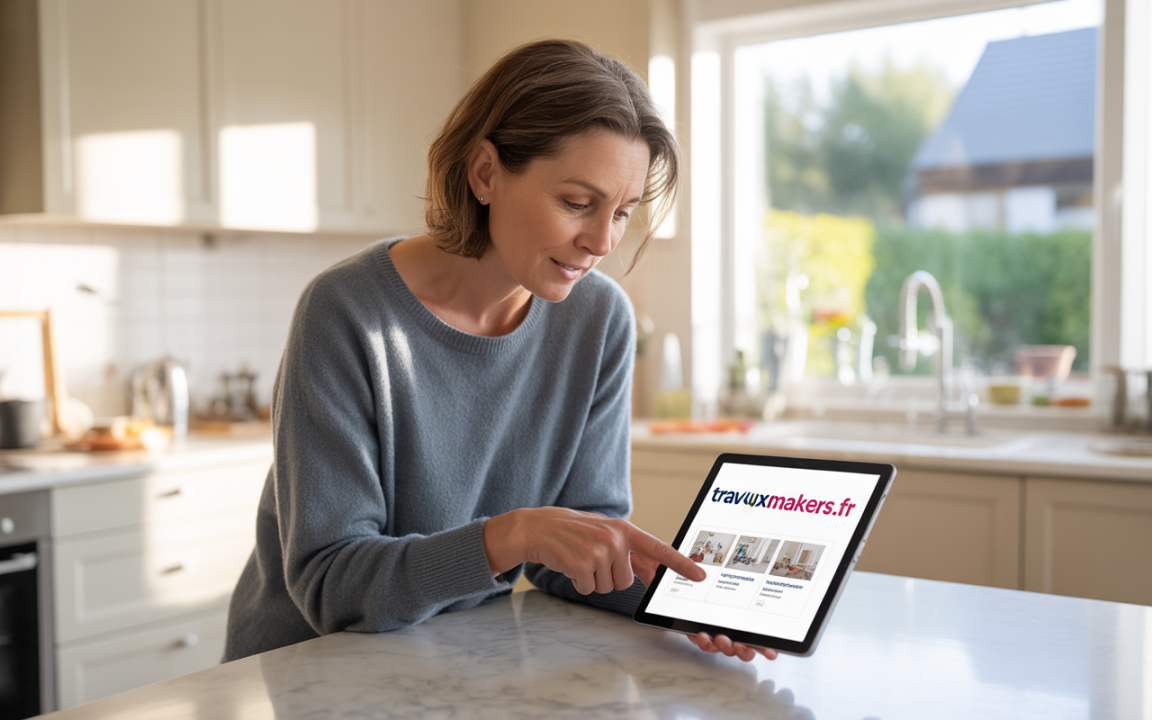 Femme souriante utilisant une tablette dans une cuisine lumineuse, consultant le site travauxmakers.fr pour des idées de travaux.