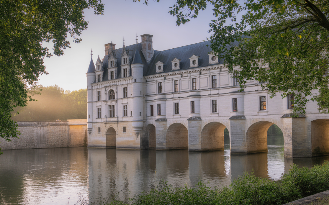 Château en bord de rivière, avec des arches élégantes, entouré de végétation et baigné dans une lumière douce du matin.