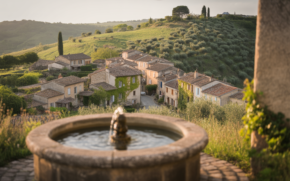 Vue panoramique d'un village pittoresque, avec des maisons en pierre et un puits, entouré de collines verdoyantes.