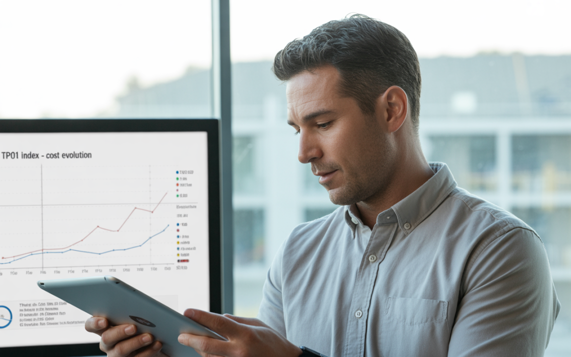 Homme en chemise grise regardant une tablette, avec un graphique de l'évolution des coûts affiché à l'écran derrière lui.