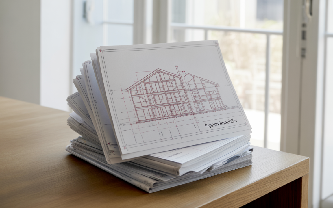Papiers immobiliers empilés avec un plan architectural d'une maison sur le dessus, posé sur une table en bois.