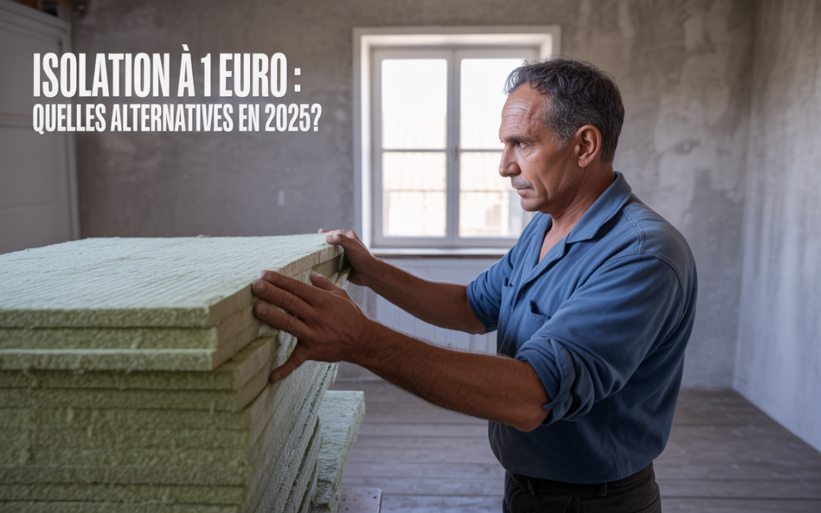 Homme manipulant des panneaux d'isolation dans une pièce en construction, avec un texte sur les alternatives d'isolation à 1 euro en 2025.