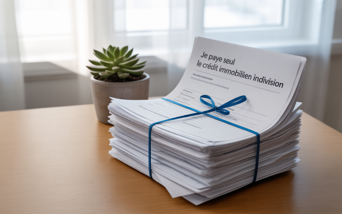 Une pile de documents liés par un ruban bleu, avec une plante en pot à côté, sur un bureau en bois.