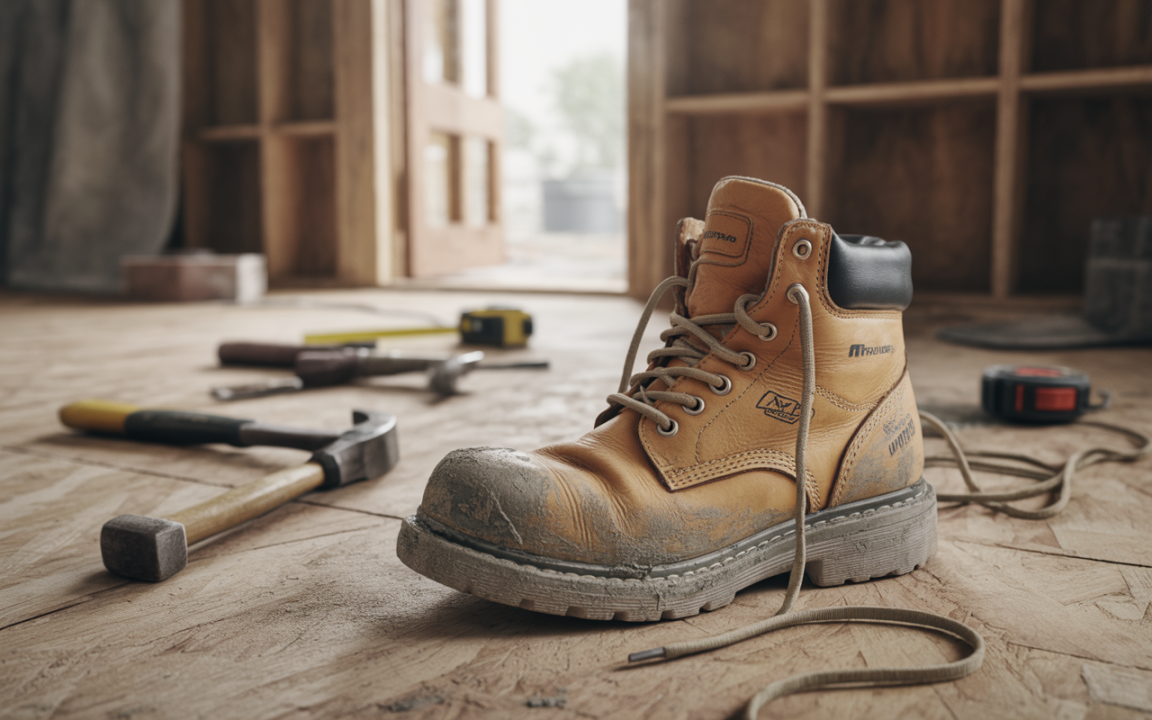 Botte de travail en cuir, usée, posée sur un sol en bois, entourée d'outils de construction. Lumière naturelle en arrière-plan.