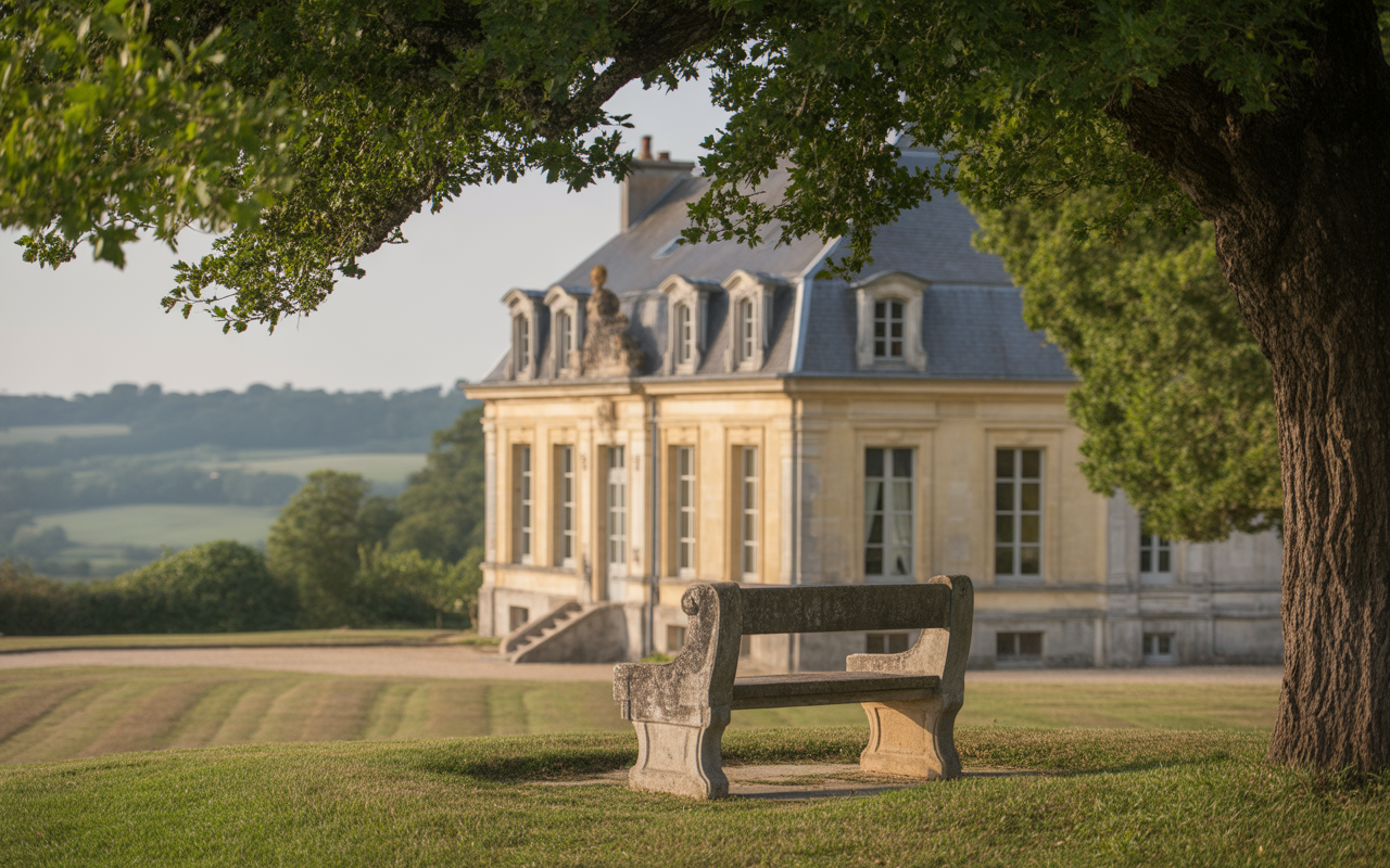 Un banc en pierre devant un élégant bâtiment avec des fenêtres, entouré de verdure et d'une paisible campagne.