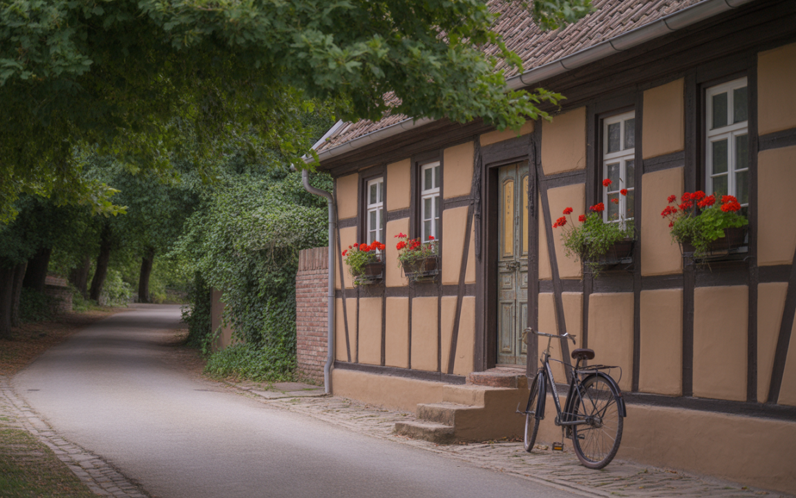 Maison à colombages avec des fenêtres fleuries, un vélo noir stationné et un chemin bordé d’arbres verdoyants.