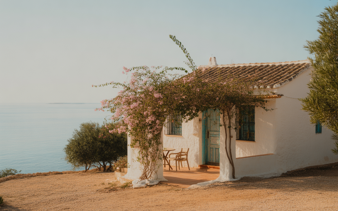 Maison blanche avec porte bleue, entourée de fleurs roses, face à la mer, sur un terrain caillouteux et herbeux.