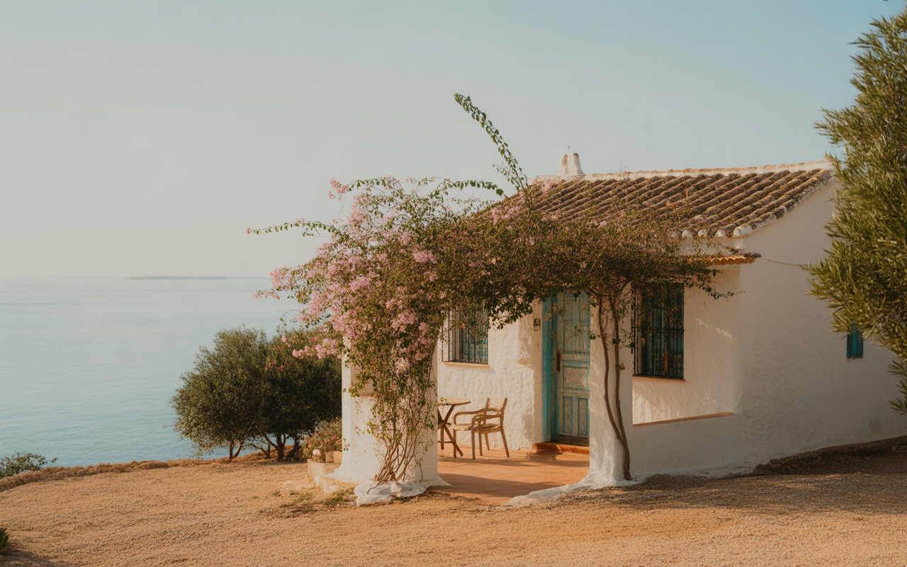 Maison blanche avec porte bleue, entourée de fleurs roses, face à la mer, sur un terrain caillouteux et herbeux.