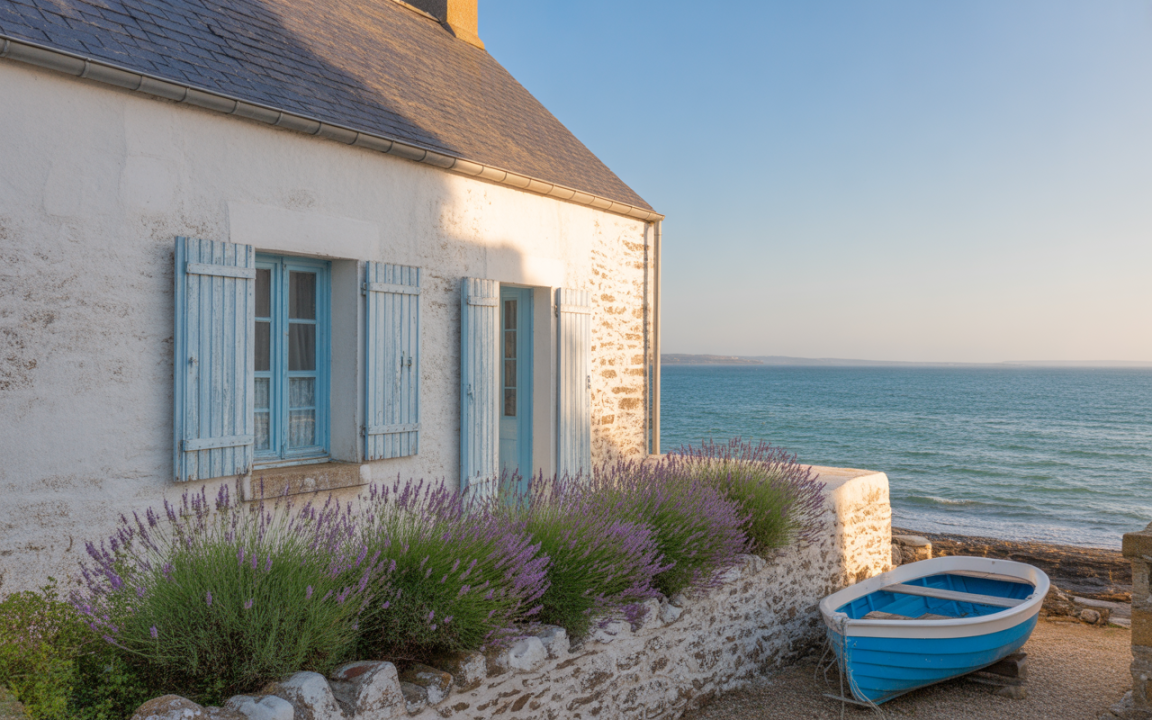 Maison en bord de mer avec volets bleus, lavande en fleurs et bateau bleu sur le rivage. Lumière douce du matin.