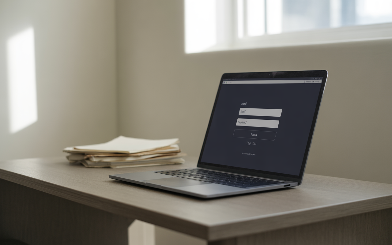 Ordinateur portable ouvert sur une page de connexion, avec des documents empilés à côté, sur un bureau en bois clair.