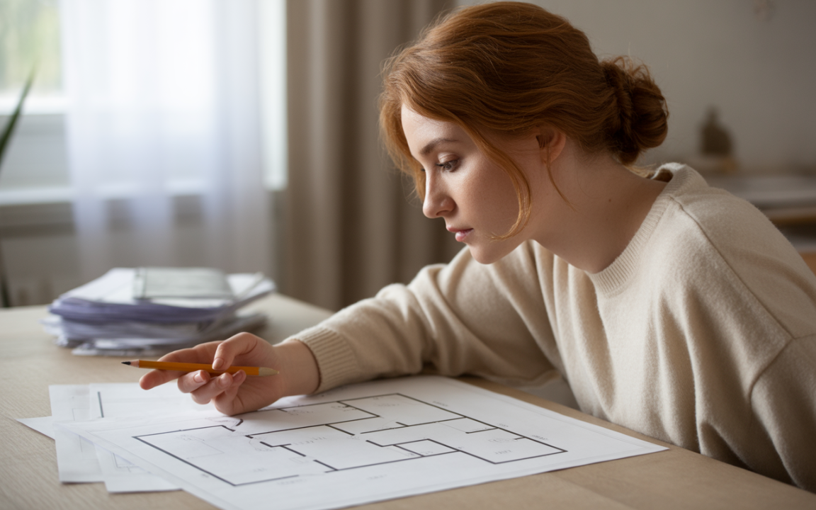 Une femme au cheveux roux étudie des plans architecturaux sur une table, tenant un crayon, avec des papiers en arrière-plan.