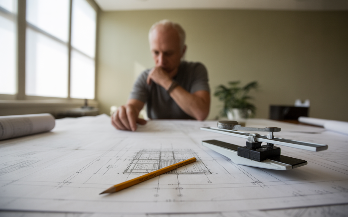 Un homme réfléchi examine des plans architecturaux, avec un compas et un crayon en premier plan, près d'une fenêtre lumineuse.