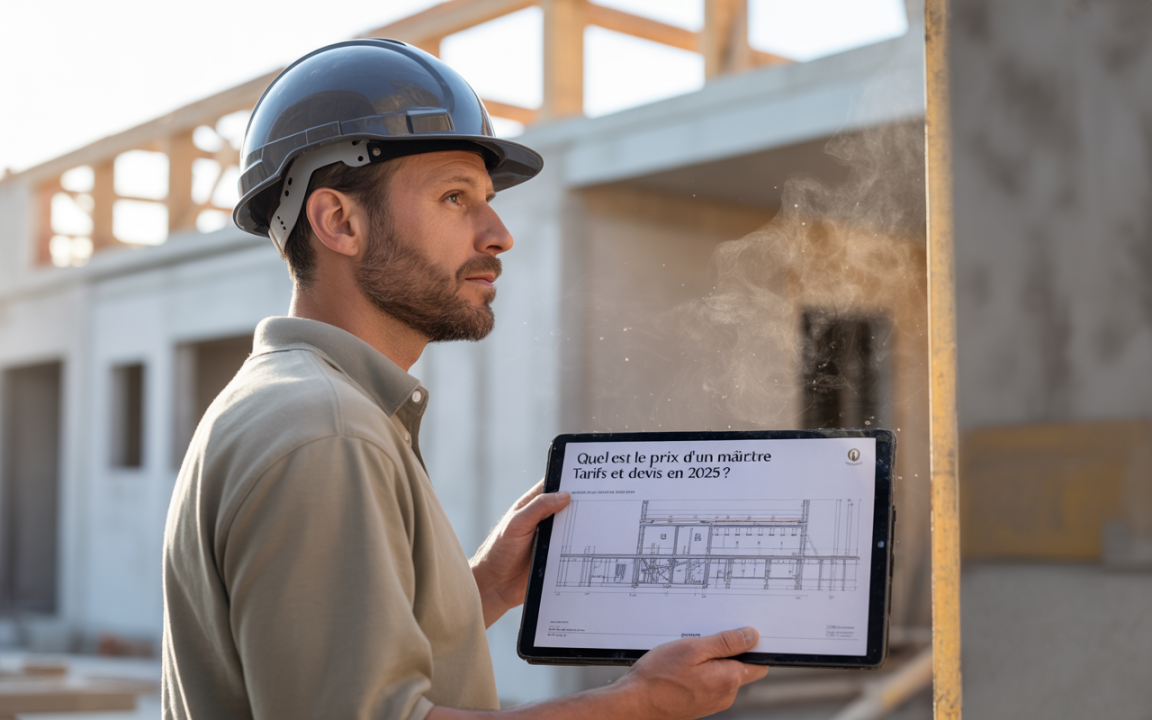 Un homme en casque de chantier observe des plans de construction sur une tablette, sur un chantier en arrière-plan.