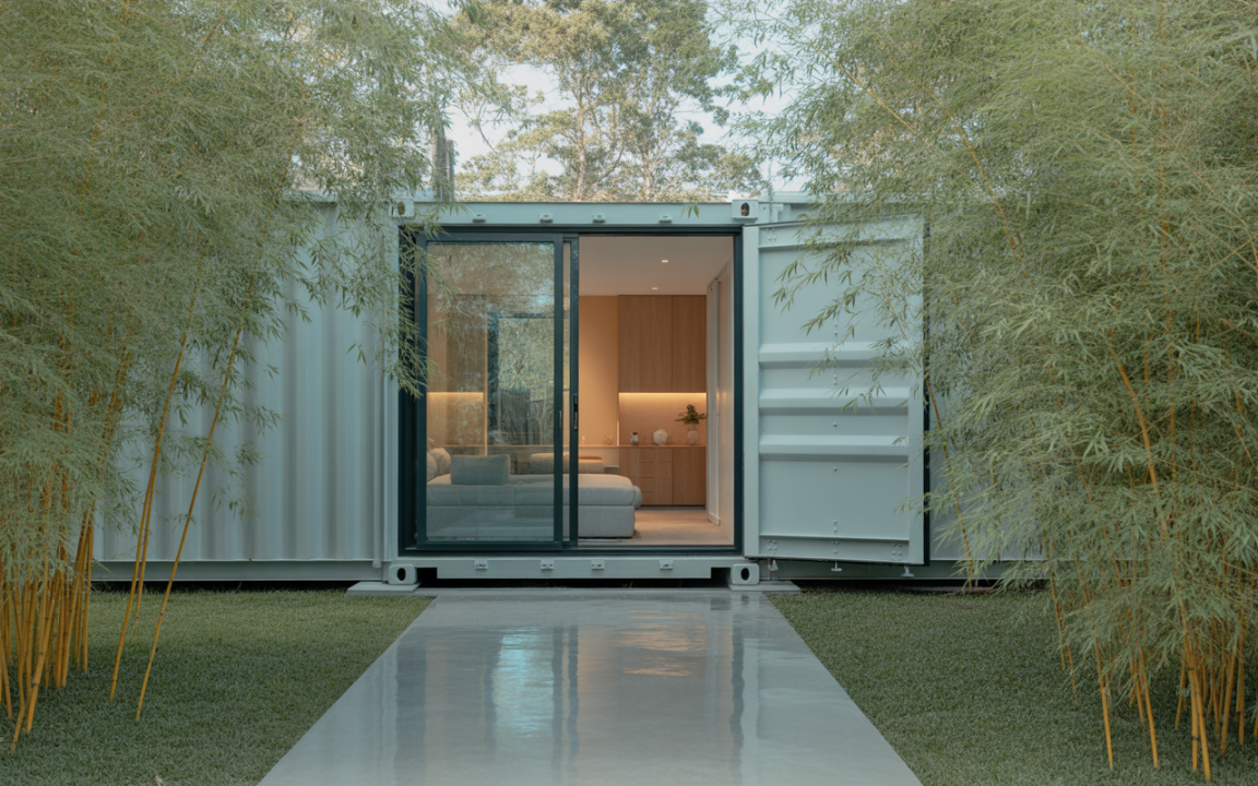 Un conteneur moderne ouvert sur un espace intérieur lumineux, entouré de bambous et d'un chemin en béton.