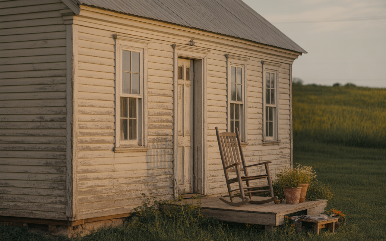 Maison en bois ancien avec rocking chair sur le porche, entourée de verdure et de pots de fleurs sous un ciel doré.