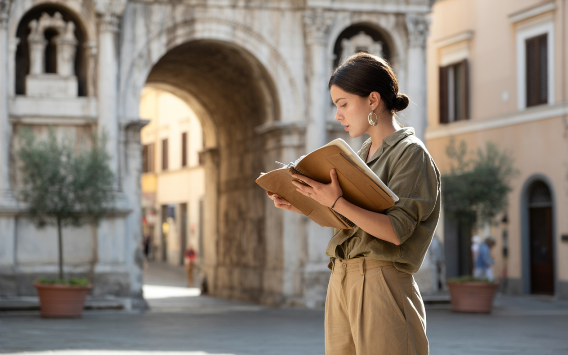 Femme pensant devant une arche historique, tenant un carnet et le crayon, vêtue d'une chemise olive et de pantalons beiges.