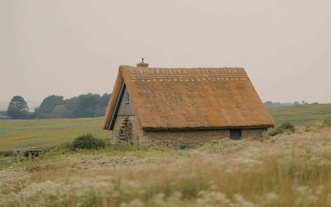 Maison en pierre avec toit de chaume, entourée de champs fleuris et d'une végétation verdoyante sous un ciel brumeux.