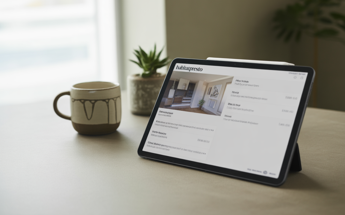 Un ordinateur tablette affiche un site web, avec une tasse en céramique et une petite plante devant, sur une table.