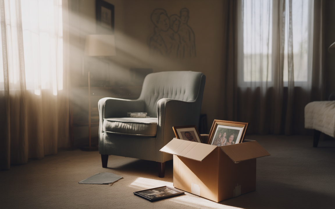 Un fauteuil confortable à côté d'une boîte en carton contenant des photos, éclairé par la lumière du soleil à travers des rideaux.