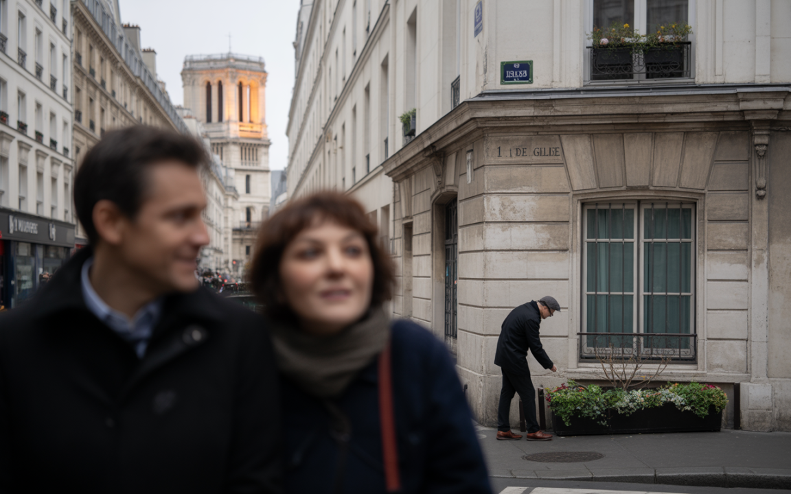 Un couple flou au premier plan, tandis qu'un homme en costume prend soin de fleurs devant un bâtiment parisien.