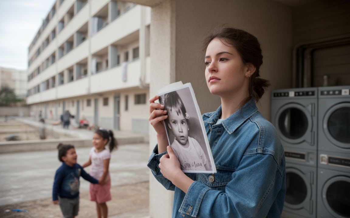 Jeune femme tenant une photo d’enfant devant un bâtiment résidentiel, avec des enfants jouant en arrière-plan. Atmosphère nostalgique.