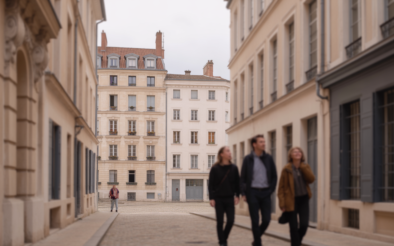 Trois personnes marchent dans une rue pavée, bordée de bâtiments historiques, sous un ciel légèrement nuageux.