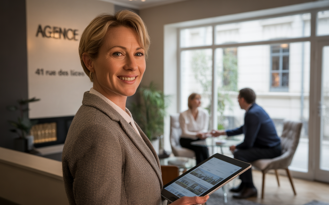 Femme souriante tenant une tablette, dans un bureau moderne. Deux personnes discutent en arrière-plan. Logo "AGENCE" visible.