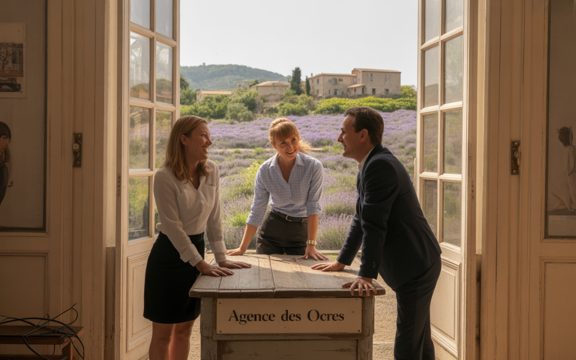 Trois personnes discutent autour d'une table, avec des champs de lavande en arrière-plan, sous un ciel ensoleillé.