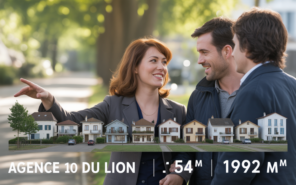 Trois personnes discutent joyeusement devant des maisons, avec le logo "Agence 10 du Lion" et des détails sur une propriété affichés.