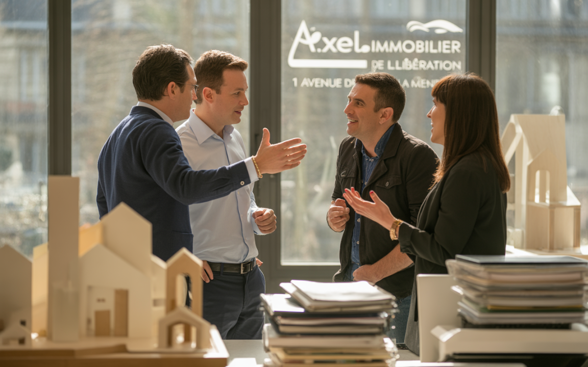 Quatre personnes discutent dans un bureau moderne, entourées de maquettes de maisons et de dossiers, avec une grande fenêtre en arrière-plan.