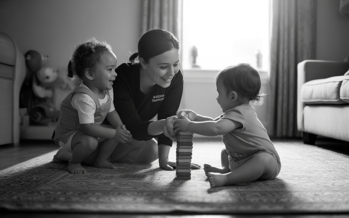 Une femme souriante joue avec deux jeunes enfants, empilant des blocs de bois sur un tapis dans un salon lumineux.