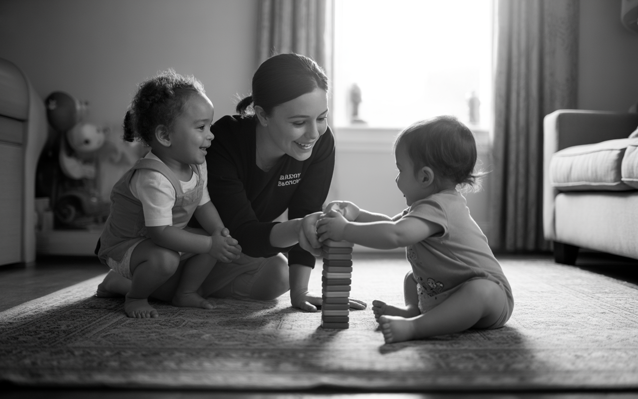 Une femme souriante joue avec deux jeunes enfants, empilant des blocs de bois sur un tapis dans un salon lumineux.